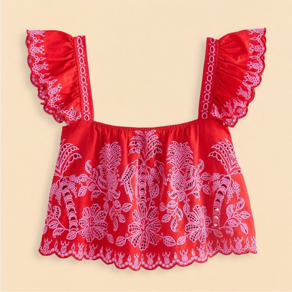 NWOT XL FARM Rio Red & Pink Embroidered Flutter-Sleeve Crop Top